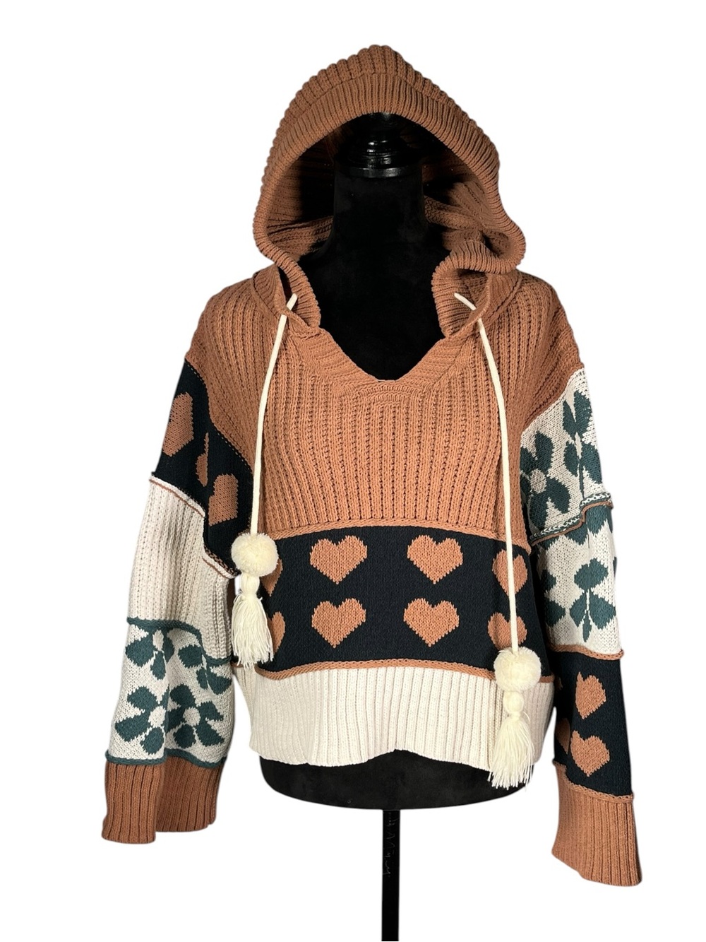 POL Patchwork Knit Sweater Heart Hooded Brown Black Cream Cropped Y2K Boho Small